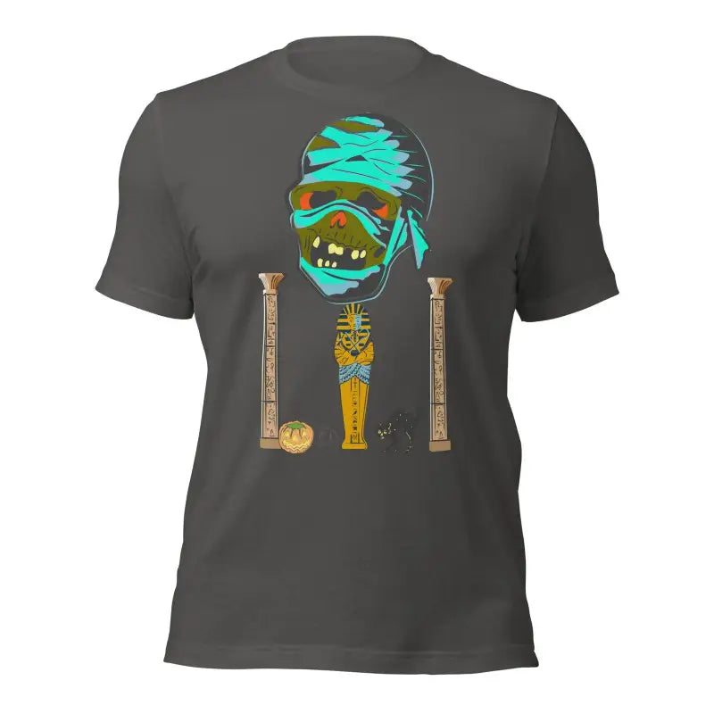 Dark gray t-shirt with cartoon mummy design from Matthew Dye Art for Halloween collection