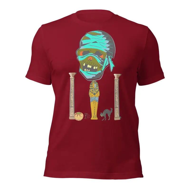 Burgundy Mummy Unisex T-Shirt with turquoise bandages by Matthew Dye Art, Halloween designs