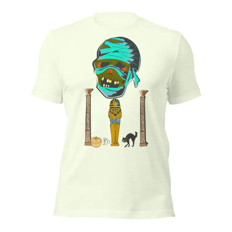 White t-shirt with Matthew Dye Art cartoon zombie, part of a cute Halloween collection