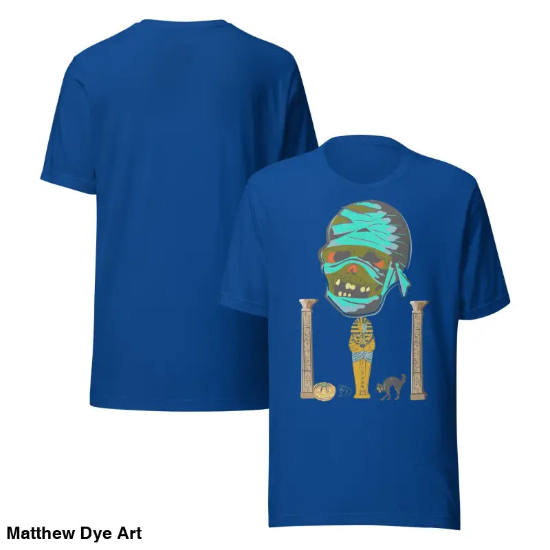 Blue t-shirts featuring Matthew Dye art mummy graphic from the Halloween designs collection