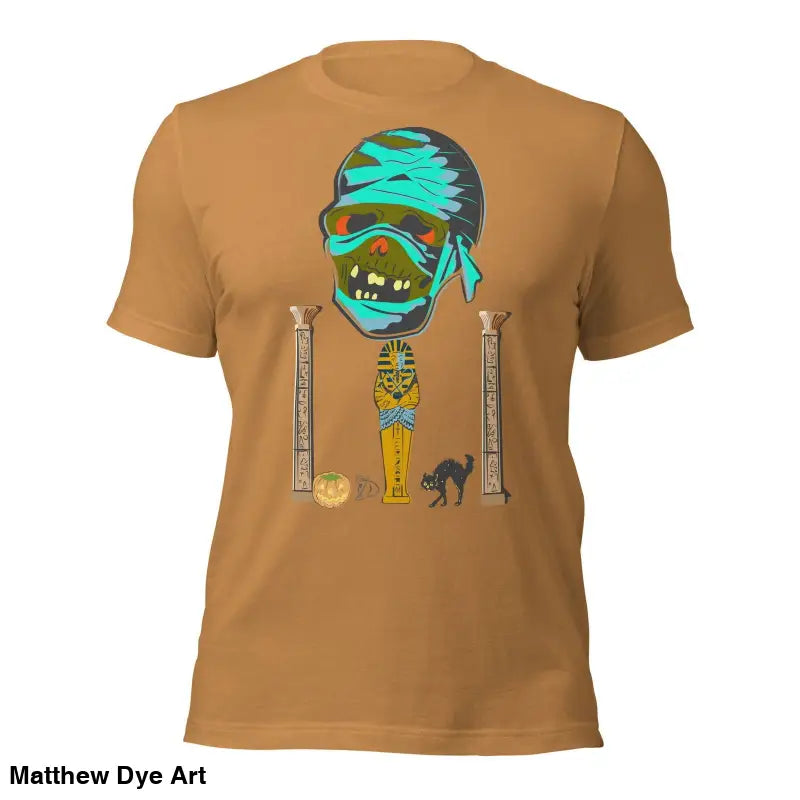 Brown t-shirt with Matthew Dye art featuring Egyptian mummy design for Halloween collections