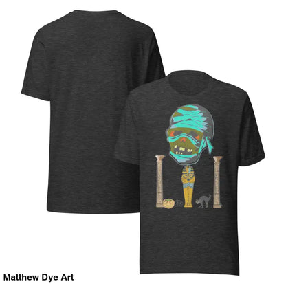 Dark gray t-shirt featuring mummy graphic from Matthew Dye Art’s cute Halloween collection