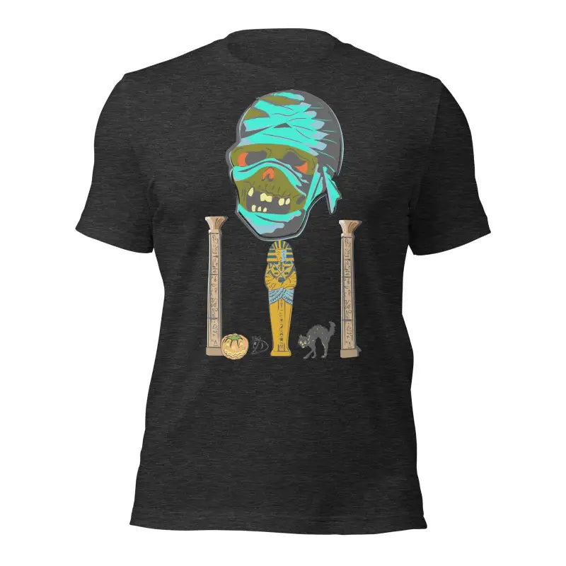 Black Mummy Unisex T-Shirt with Egyptian design by Matthew Dye Art for Halloween collection