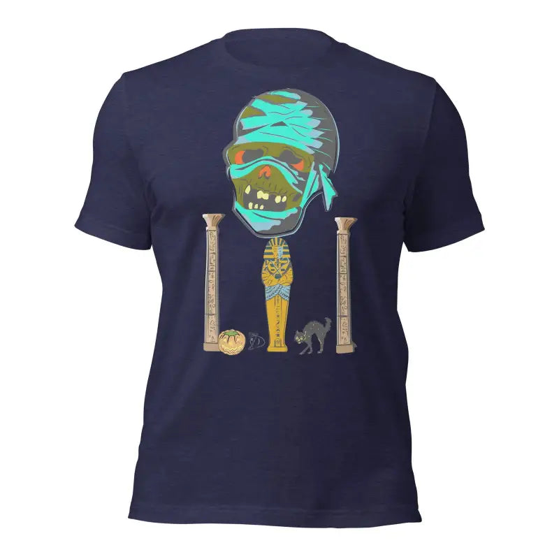 Navy blue Mummy Unisex T-Shirt with cartoon design and Halloween designs by Matthew Dye Art