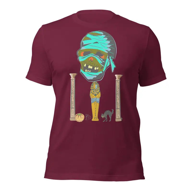 Burgundy T-shirt with Egyptian mummy design in Matthew Dye art style for Halloween collection