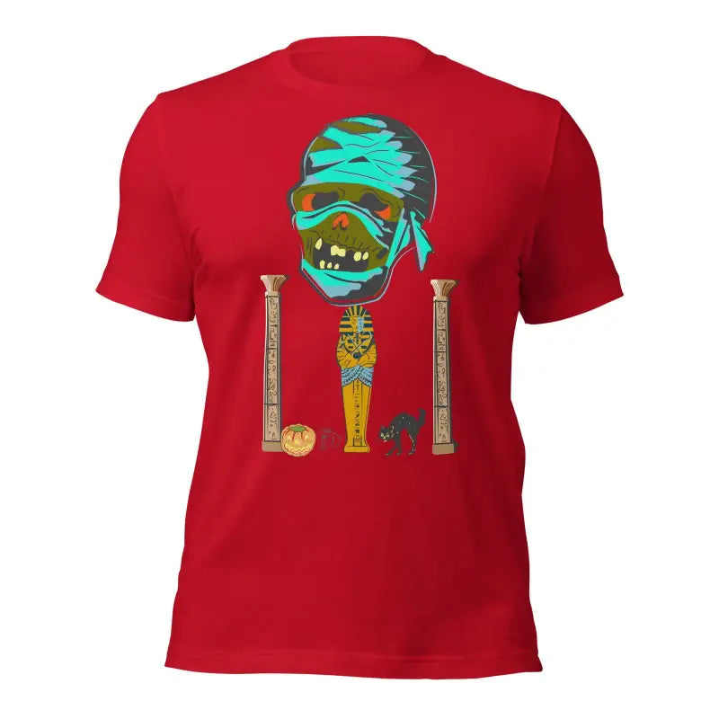 Red T-shirt featuring Matthew Dye art with a mummy design from the cute Halloween collection