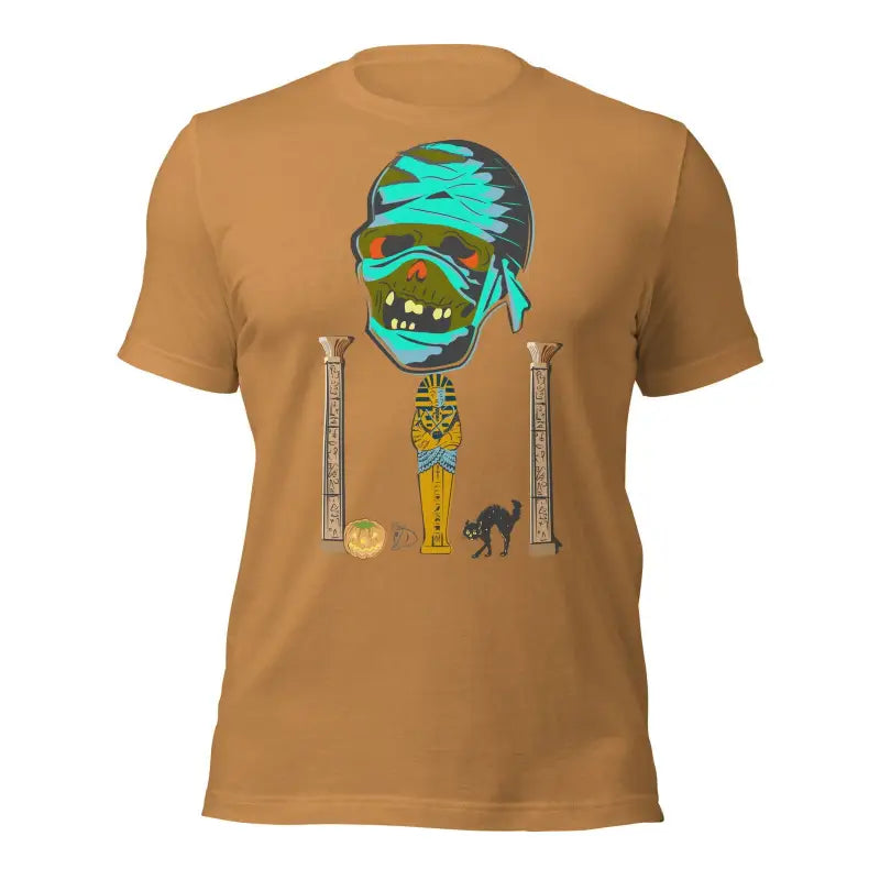 Brown t-shirt with Matthew Dye art featuring Egyptian mummy design for Halloween collections