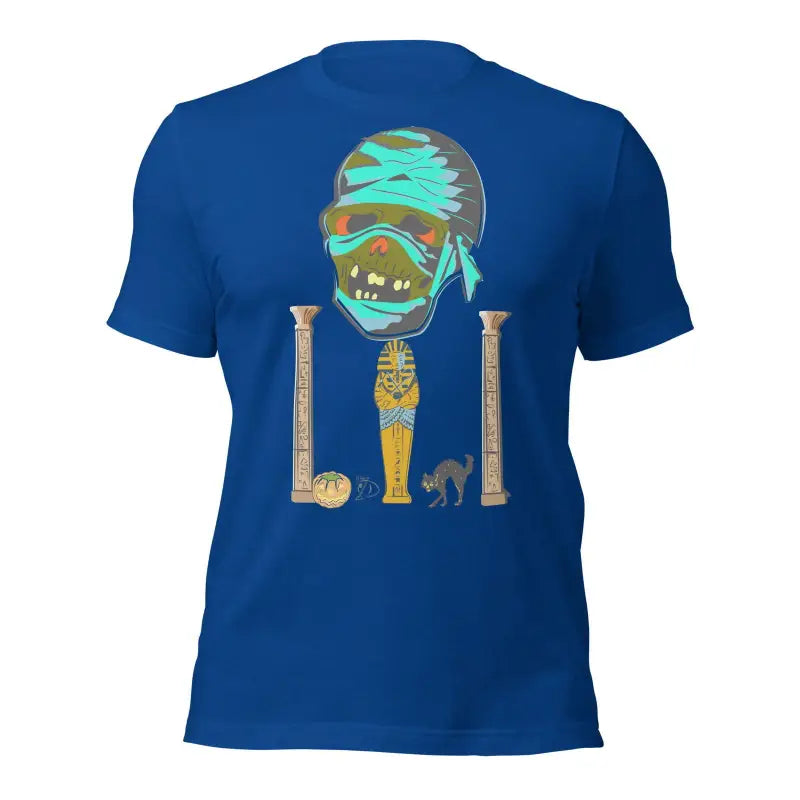 Royal blue Mummy Unisex T-Shirt featuring Matthew Dye Art and Halloween designs