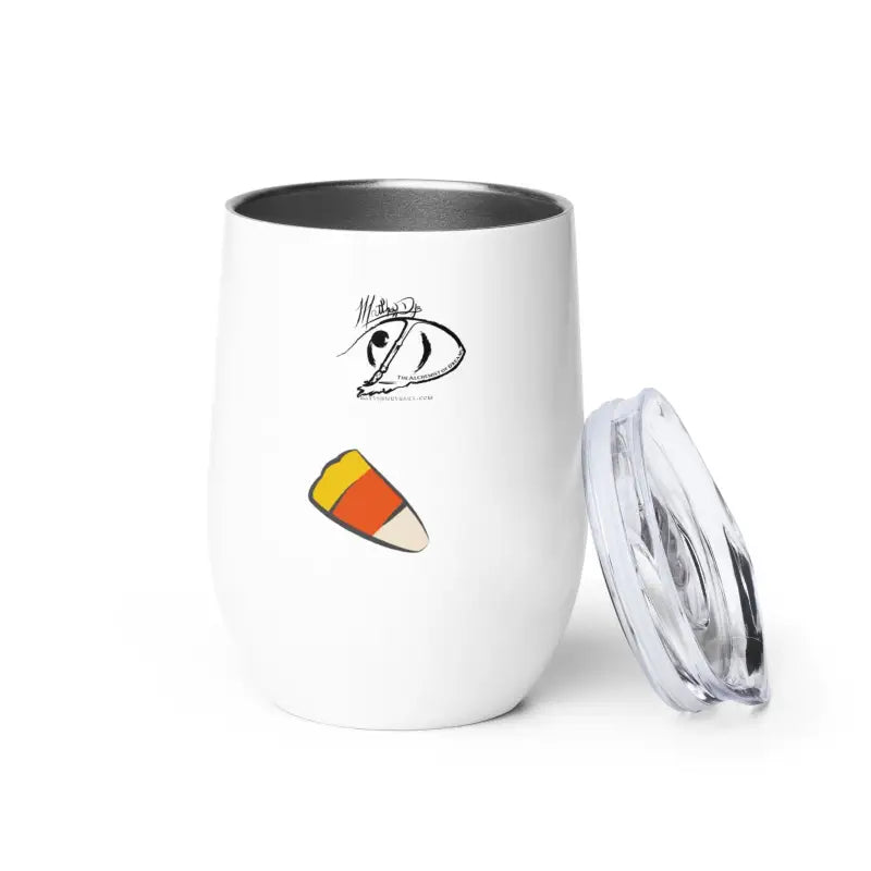 White ceramic mummy wine tumbler with candy corn design and clear lid