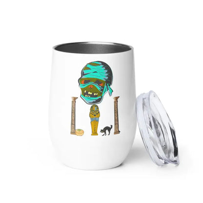 White travel mug featuring a cartoon mummy design from the Mummy Wine Tumbler collection