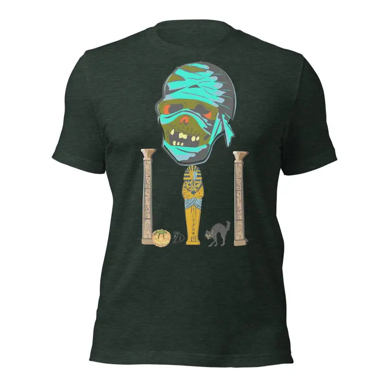 Dark green t-shirt with cartoon mummy design by Matthew Dye featuring Egyptian columns