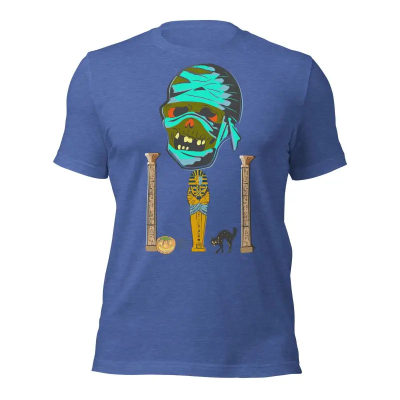 Blue t-shirt with Matthew Dye art featuring a cartoon zombie head and decorative columns