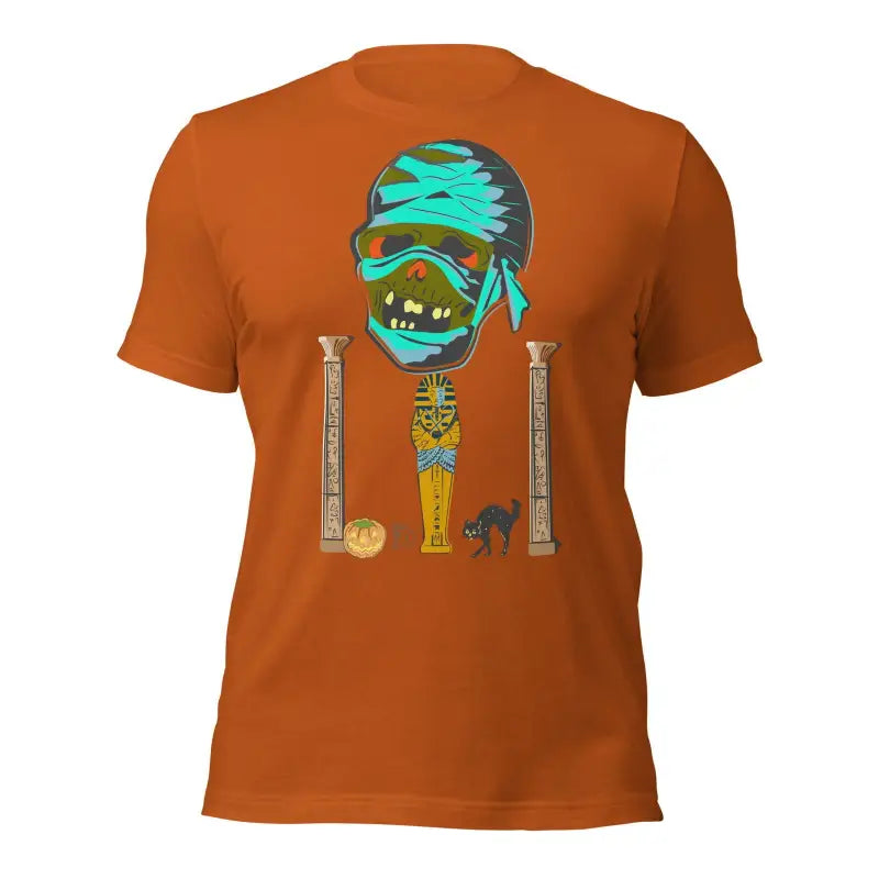 Orange t-shirt with Egyptian mummy design by Matthew Dye art featuring turquoise bandages