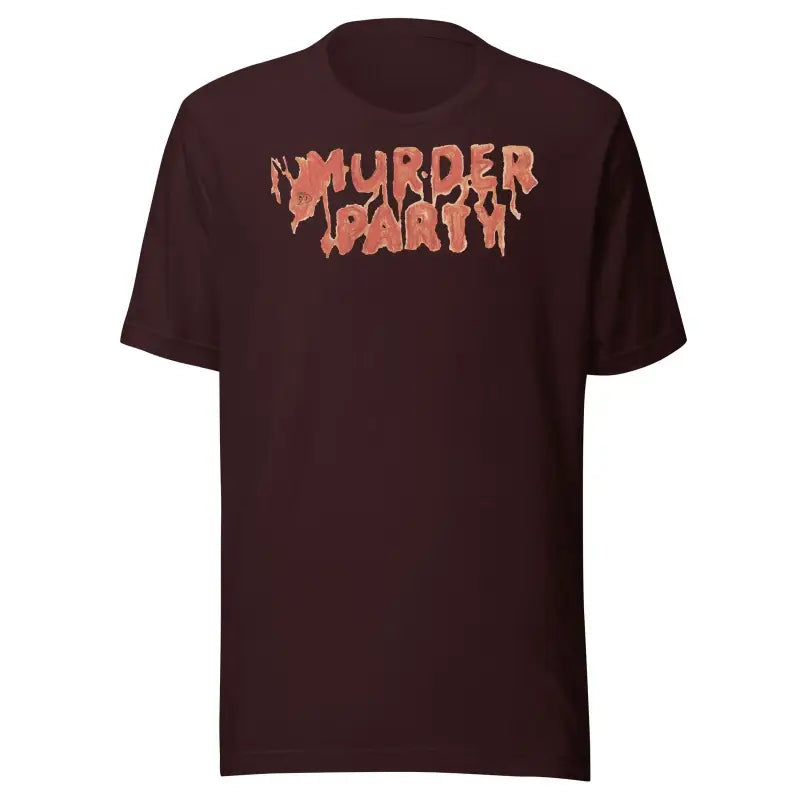 Brown Murder Mystery Party Tee featuring orange ’MURDER PARTY’ lettering design