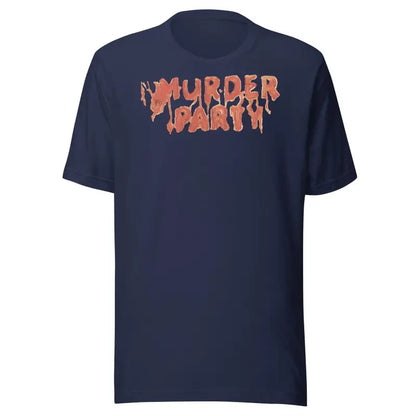 Navy blue Murder Mystery Party Tee featuring orange ’MURDER PARTY’ text for intrigue