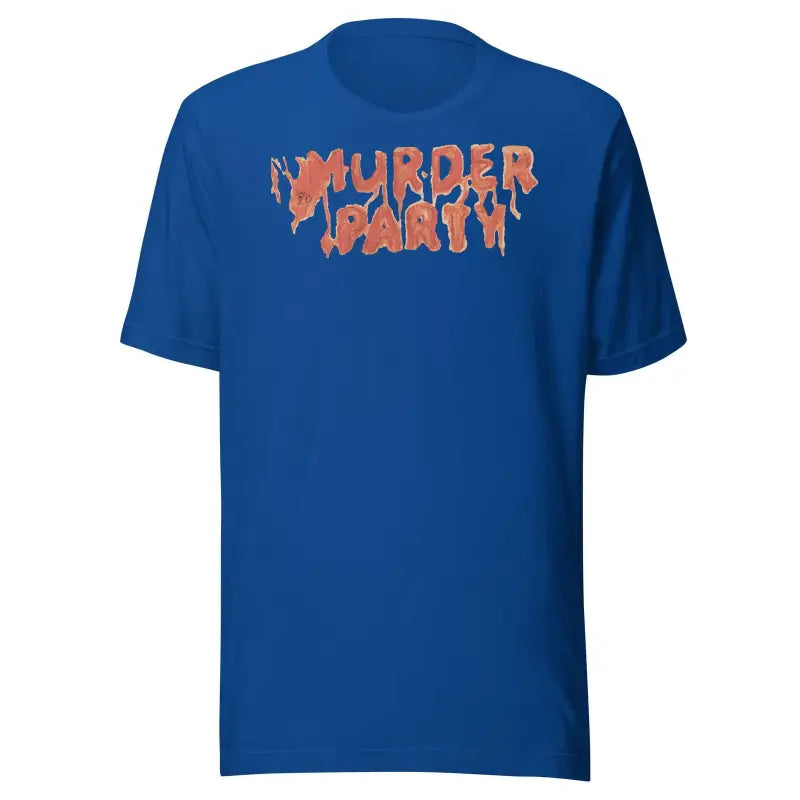 Royal blue Murder Mystery Party tee featuring orange graffiti-style text