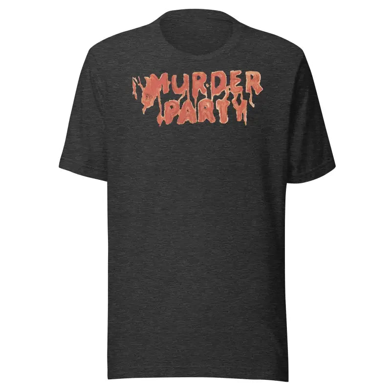 Black t-shirt featuring MURDER PARTY text in orange, perfect for a murder mystery party