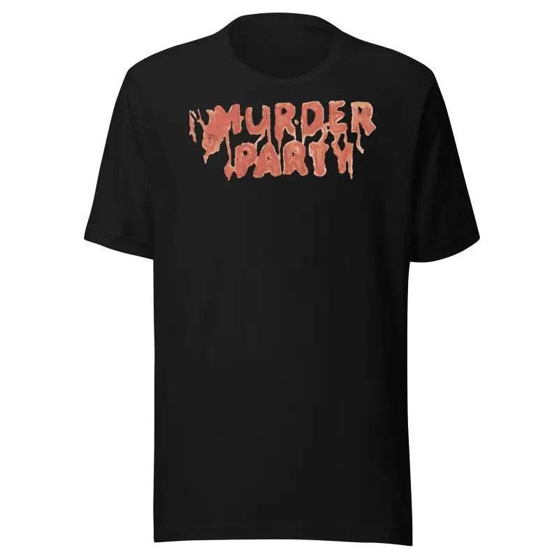 Black Murder Mystery Party Tee featuring orange dripping letters for intrigue and suspense