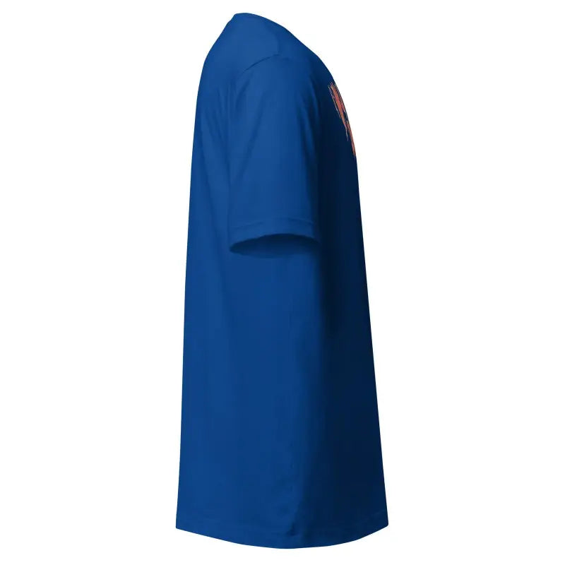 Side view of a Royal Blue T-shirt for a Murder Mystery Party in Dripping Orange design