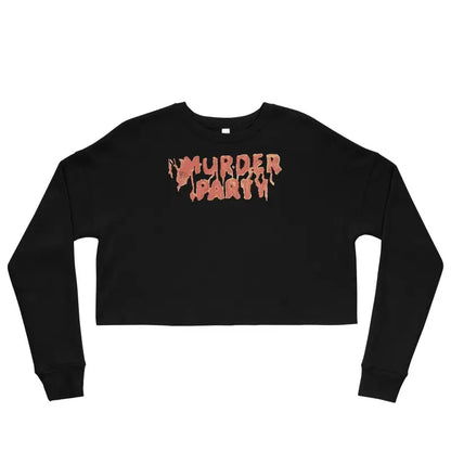 Black Murder Party Fleece Crop with bold orange lettering for fearless fashionistas