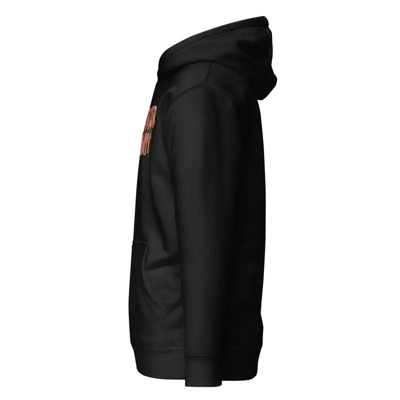 Black hooded sweatshirt side view of Embrace Enigma Murder Party Hoodie for Autumn