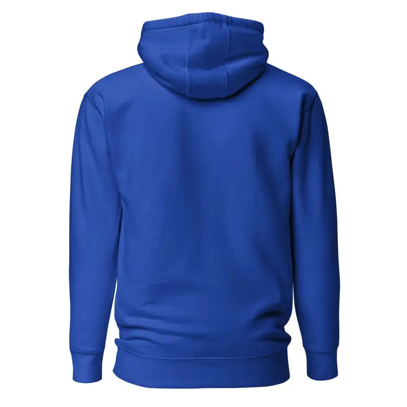 Royal blue pullover hoodie displayed from the back, perfect for a Murder Party