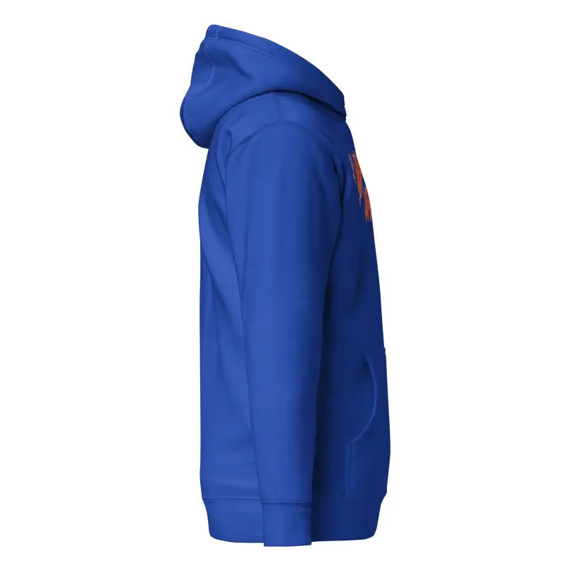 Royal blue hooded sweatshirt side view of the Embrace Enigma Murder Party Hoodie