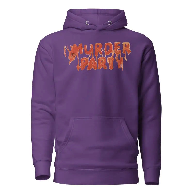 Purple Murder Party Hoodie featuring orange dripping graffiti text for autumn style