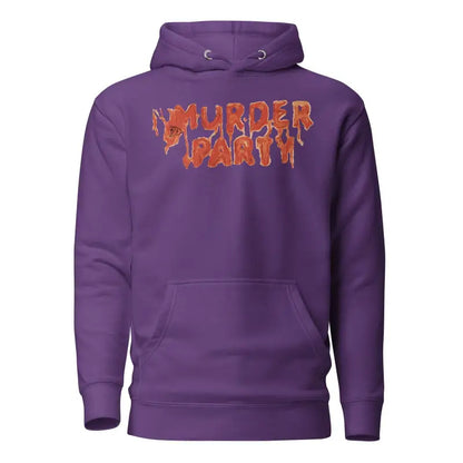 Purple Murder Party Hoodie featuring orange dripping graffiti text for autumn style