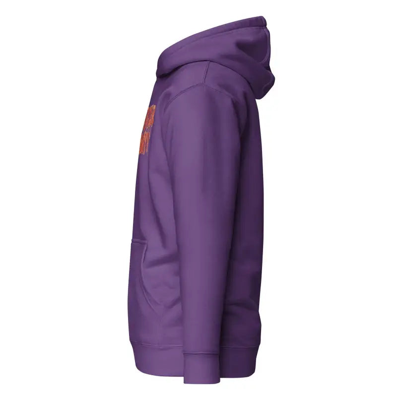 Purple hooded sweatshirt side view of the Murder Party Hoodie for Autumn’s Embrace