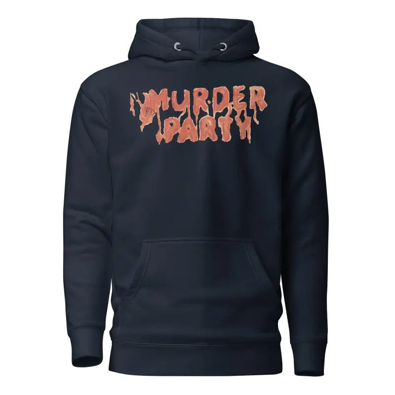 Black Murder Party Hoodie featuring orange dripping ’MURDER’ text design for autumn