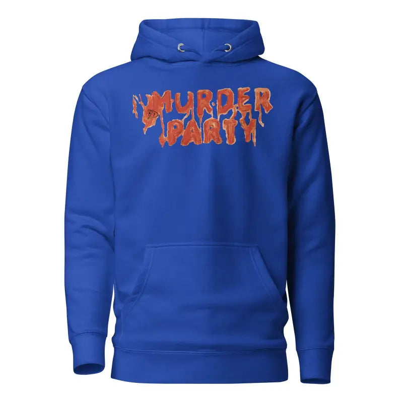 Royal blue Murder Party hoodie with dripping red text for a bold autumn style