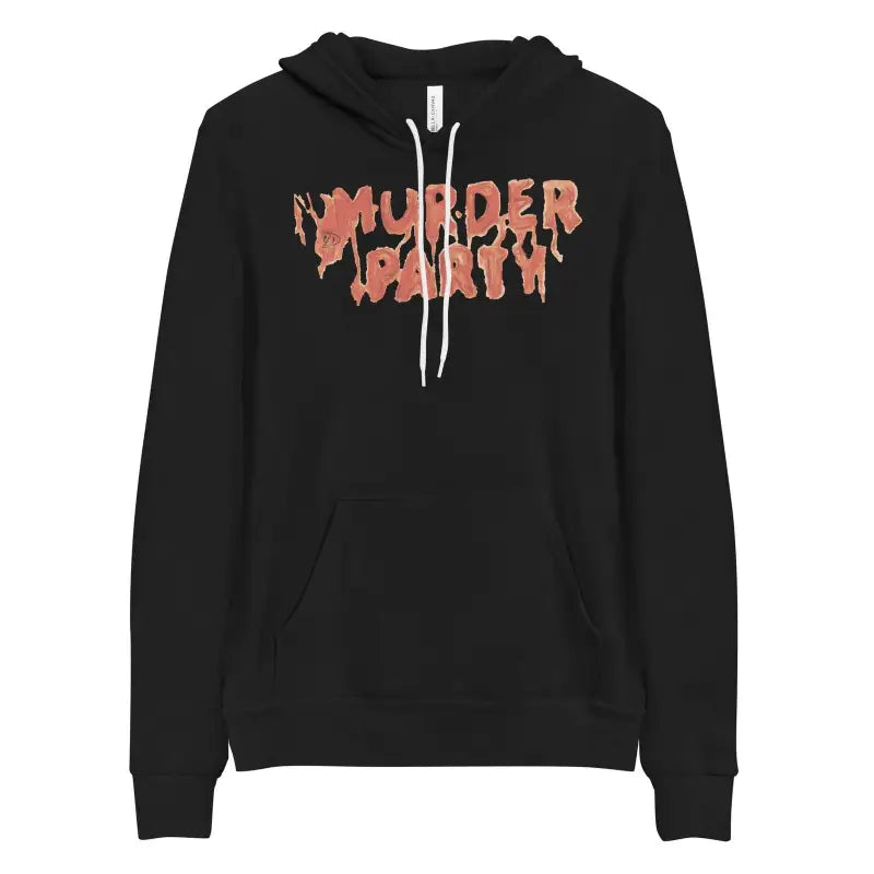 Black Murder Party hoodie featuring pink coral lettering for stylish party comfort