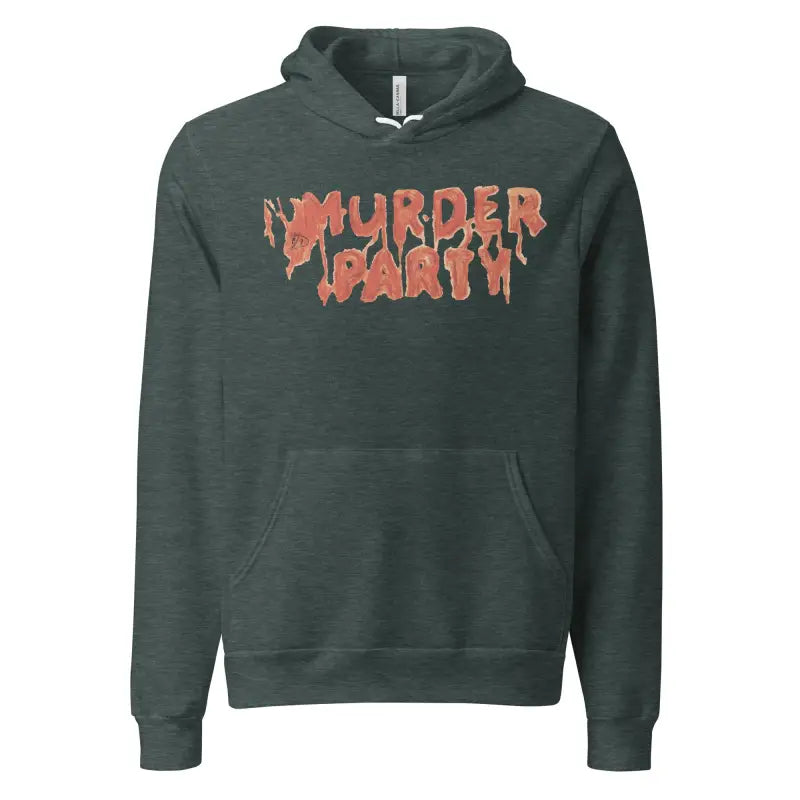 Gray unisex cotton fleece pullover hoodie featuring Murder Party text, a Halloween party essential