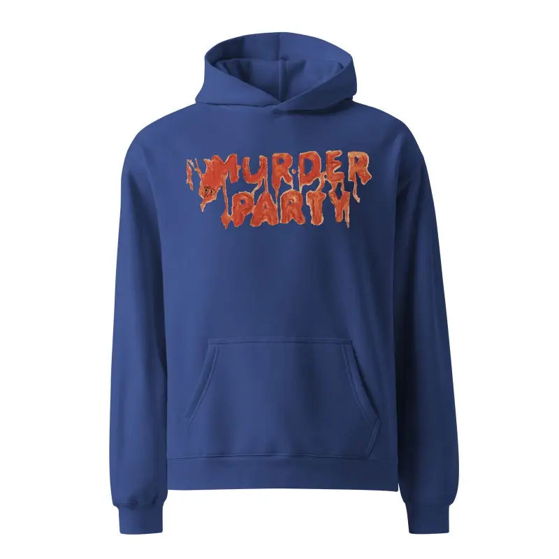 Navy blue Murder Party hoodie with red dripping letters for gothic comfort lovers