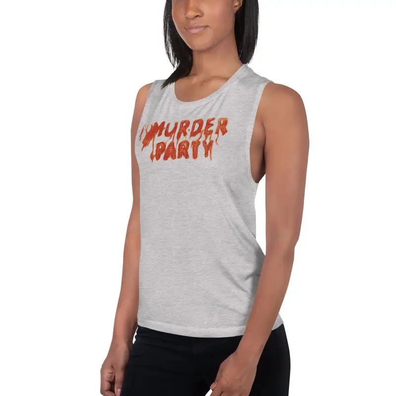 Light gray muscle tank featuring Murder Party in bold orange on a stylish design