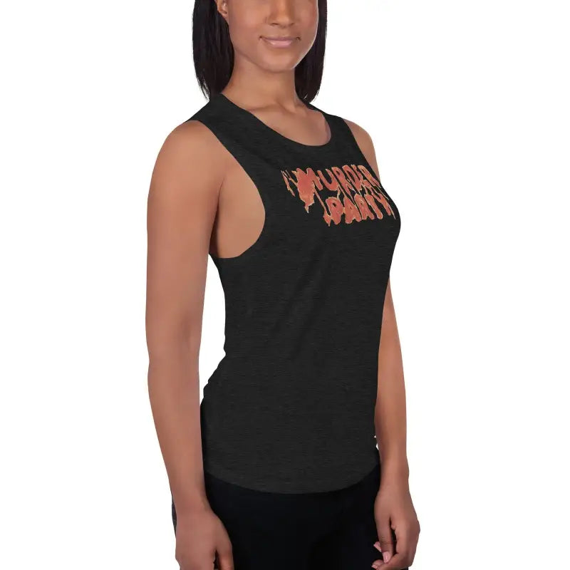 Black sleeveless Murder Party ladies muscle tank featuring bold orange text graphic