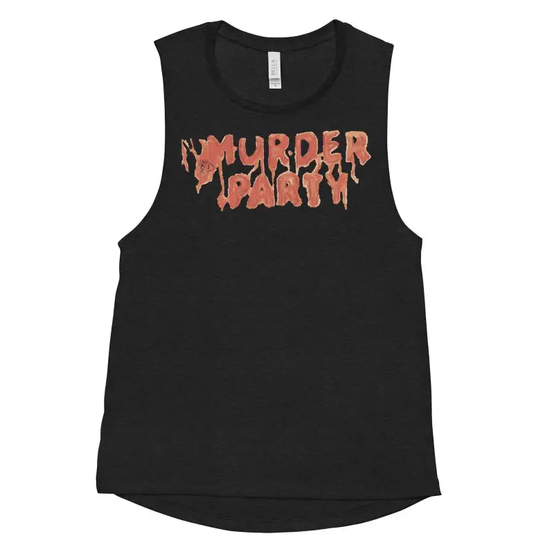 Black muscle tank featuring Murder Party in vibrant orange coral lettering