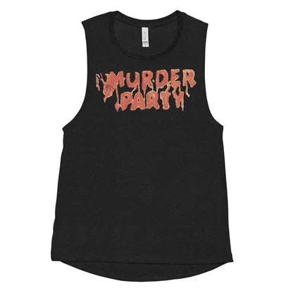 Black muscle tank featuring Murder Party in vibrant orange coral lettering