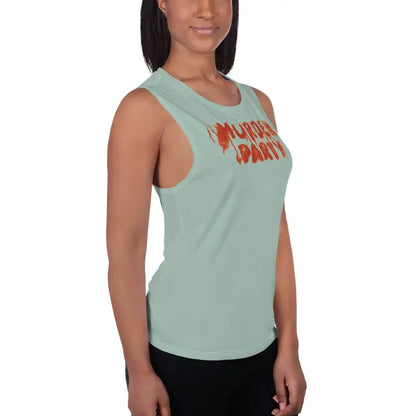 Mint green muscle tank with orange text from the Murder Party Ladies collection