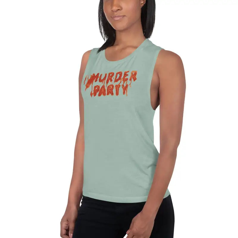 Mint green muscle tank featuring bold red ’MURDER PARTY’ text for ladies