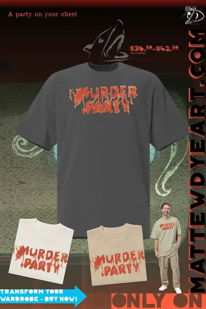 Dark gray Murder Party Mayhem oversized t-shirt with red dripping text design