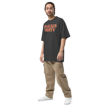 Person showcasing Murder Party Mayhem oversized t-shirt with wide neck ribbing and cargo pants