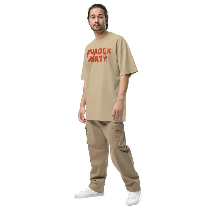 Person in beige Murder Party Mayhem oversized t-shirt with matching cargo pants