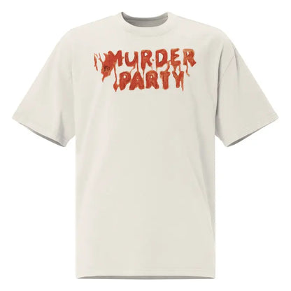 Light-colored t-shirt featuring red dripping letters for Murder Party Mayhem design