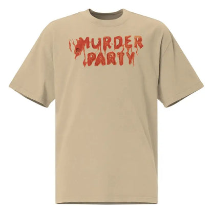 Beige Murder Party Mayhem oversized t-shirt featuring red text and wide neck ribbing