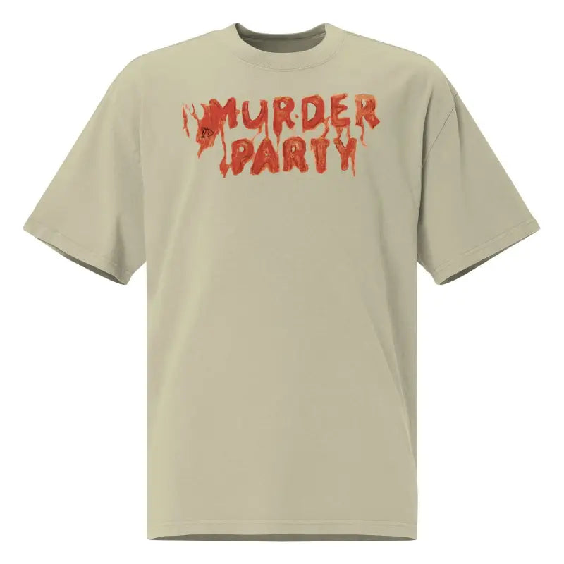 Beige t-shirt featuring red dripping letters proclaiming Murder Party Mayhem