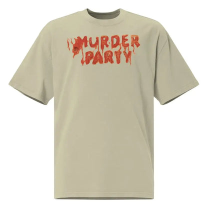 Beige Murder Party Mayhem oversized t-shirt with red dripping letters and wide neck ribbing