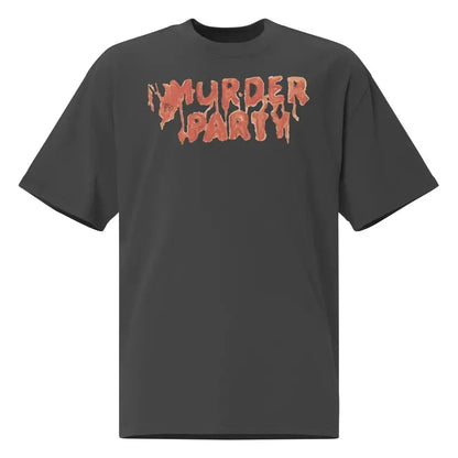 Dark gray Murder Party Mayhem oversized t-shirt with orange dripping letters and wide neck ribbing