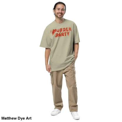 Man in Murder Party Mayhem Oversized T-Shirt with wide neck ribbing and cargo pants